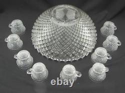 Large Vintage Westmoreland Glass English Hobnail Punch Bowl and 9 Cups