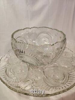 Large cut glass punch bowl set