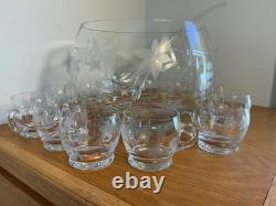 Late 50s or 60s etched Crystal punch bowl set with 12 glasses and ladle
