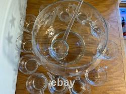 Late 50s or 60s etched Crystal punch bowl set with 12 glasses and ladle