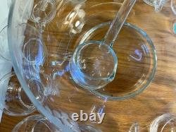Late 50s or 60s etched Crystal punch bowl set with 12 glasses and ladle