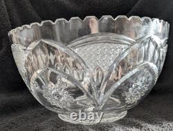 Lead Crystal 11.5 x 6.5 Punch Bowl Arches/Hobstars/Thumbprints Unmarked