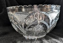 Lead Crystal 11.5 x 6.5 Punch Bowl Arches/Hobstars/Thumbprints Unmarked