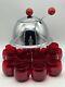 Lehman Bros Chrome Saturn Punch Bowl With Ruby Red Glasses & Ladle 15 Pc MCM