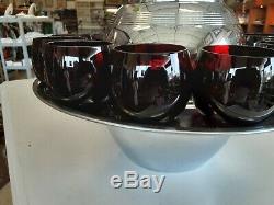 Lehman Brothers Art Deco Saturn chrome & ruby glass punch bowl set