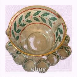 Lenox Holiday Holly Clear Glass Punch Bowl Gold Trim With 9 Glasses