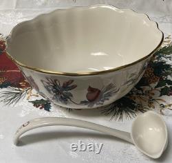 Lenox Winter Greetings Holiday Punch Bowl/Ladle+10 Glass Cups-Festive Cardinal