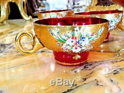 Lg. Magnificent Rare T. Murano Crystal, Red 24K Gold Leaf Punch Bowl Set Glasses