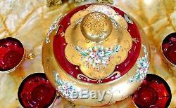 Lg. Magnificent Rare T. Murano Crystal, Red 24K Gold Leaf Punch Bowl Set Glasses
