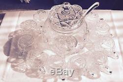 Lidded Cut Glass Punch Bowl 12 Cups And Ladle