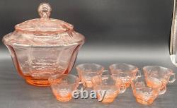 Lilly Pink Glass Large Punch Bowl With LID & 6 Cups Etched Flower Design Vintage