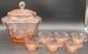 Lilly Pink Glass Large Punch Bowl With LID & 6 Cups Etched Flower Design Vintage