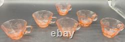 Lilly Pink Glass Large Punch Bowl With LID & 6 Cups Etched Flower Design Vintage