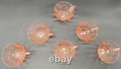 Lilly Pink Glass Large Punch Bowl With LID & 6 Cups Etched Flower Design Vintage