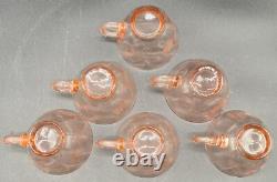 Lilly Pink Glass Large Punch Bowl With LID & 6 Cups Etched Flower Design Vintage