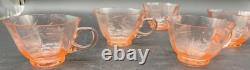 Lilly Pink Glass Large Punch Bowl With LID & 6 Cups Etched Flower Design Vintage