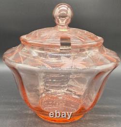 Lilly Pink Glass Large Punch Bowl With LID & 6 Cups Etched Flower Design Vintage