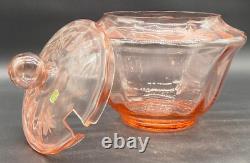Lilly Pink Glass Large Punch Bowl With LID & 6 Cups Etched Flower Design Vintage