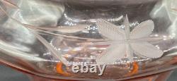 Lilly Pink Glass Large Punch Bowl With LID & 6 Cups Etched Flower Design Vintage
