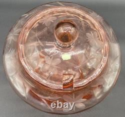 Lilly Pink Glass Large Punch Bowl With LID & 6 Cups Etched Flower Design Vintage
