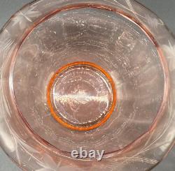 Lilly Pink Glass Large Punch Bowl With LID & 6 Cups Etched Flower Design Vintage