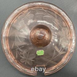Lilly Pink Glass Large Punch Bowl With LID & 6 Cups Etched Flower Design Vintage