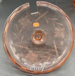 Lilly Pink Glass Large Punch Bowl With LID & 6 Cups Etched Flower Design Vintage