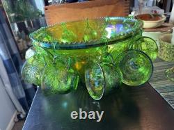 Lime Green Carnival Glass Indiana Princess 24pc Punch Set Bowl Cups Hooks