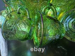 Lime Green Carnival Glass Indiana Princess 24pc Punch Set Bowl Cups Hooks