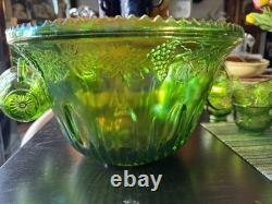 Lime Green Carnival Glass Indiana Princess 24pc Punch Set Bowl Cups Hooks