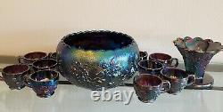 Limited Westmoreland Purple Glass Carnival Three Fruits Punch Bowl Set 14 Pieces