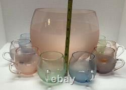 Lk Vintage Pastel Art Glass Punch Bowl set RARE SET