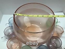 Lk Vintage Pastel Art Glass Punch Bowl set RARE SET