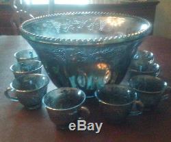 Lovely Large Blue Carnival Glass Punch Bowl with Cups Grape Motif