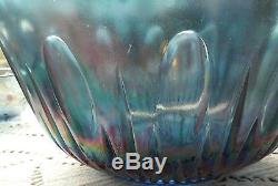 Lovely Large Blue Carnival Glass Punch Bowl with Cups Grape Motif