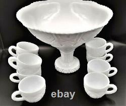 MC KEE CONCORD PATTERN WHITE MILK DEPRESSION GLASS PUNCH BOWL 1940s With 9 CUPS