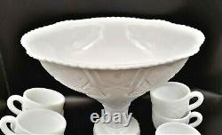 MC KEE CONCORD PATTERN WHITE MILK DEPRESSION GLASS PUNCH BOWL 1940s With 9 CUPS