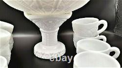 MC KEE CONCORD PATTERN WHITE MILK DEPRESSION GLASS PUNCH BOWL 1940s With 9 CUPS