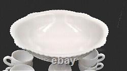 MC KEE CONCORD PATTERN WHITE MILK DEPRESSION GLASS PUNCH BOWL 1940s With 9 CUPS