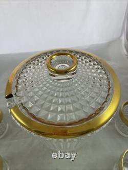 MCM Crystal Punch Bowl and 6 Glasses with Gold Trim