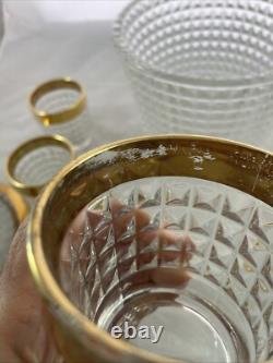MCM Crystal Punch Bowl and 6 Glasses with Gold Trim