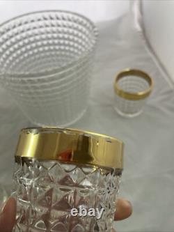 MCM Crystal Punch Bowl and 6 Glasses with Gold Trim