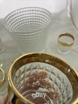 MCM Crystal Punch Bowl and 6 Glasses with Gold Trim