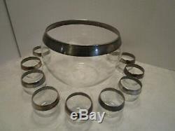 MCM Dorothy Thorpe Roly Poly sterling silver rim Punch Set Bowl 10 Glasses Vtg