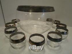 MCM Dorothy Thorpe Roly Poly sterling silver rim Punch Set Bowl 10 Glasses Vtg