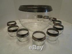 MCM Dorothy Thorpe Roly Poly sterling silver rim Punch Set Bowl 10 Glasses Vtg