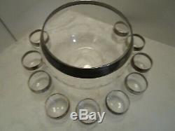 MCM Dorothy Thorpe Roly Poly sterling silver rim Punch Set Bowl 10 Glasses Vtg