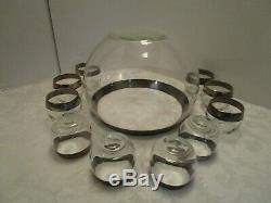 MCM Dorothy Thorpe Roly Poly sterling silver rim Punch Set Bowl 10 Glasses Vtg