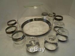 MCM Dorothy Thorpe Roly Poly sterling silver rim Punch Set Bowl 10 Glasses Vtg