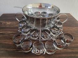 MCM Dorothy Thorpe Style Silver Fade Punch Bowl 18 Roly Poly Glasses & Caddy